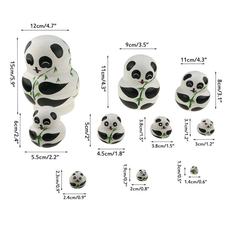 Apol Set of 10 Big-Belly Wooden Handmade Panda Bear with Bamboo Nesting Dolls Matryoshka Russian Doll in a Box with Bow for Kids Toy Home Decoration New Year - Image 3